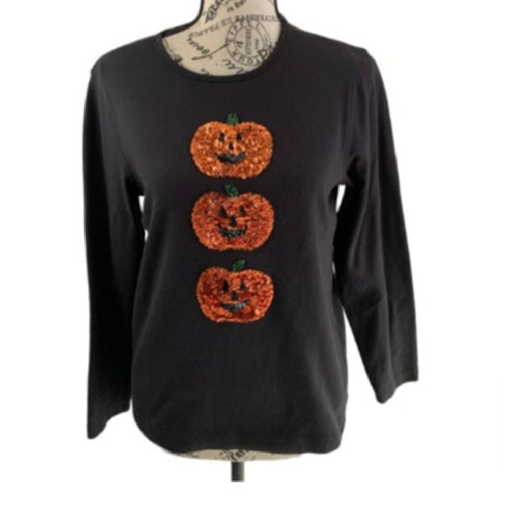 *CB Casuals Womens Sz PM Halloween Top Sequined Pumpkins Jack O’ Lantern Bling